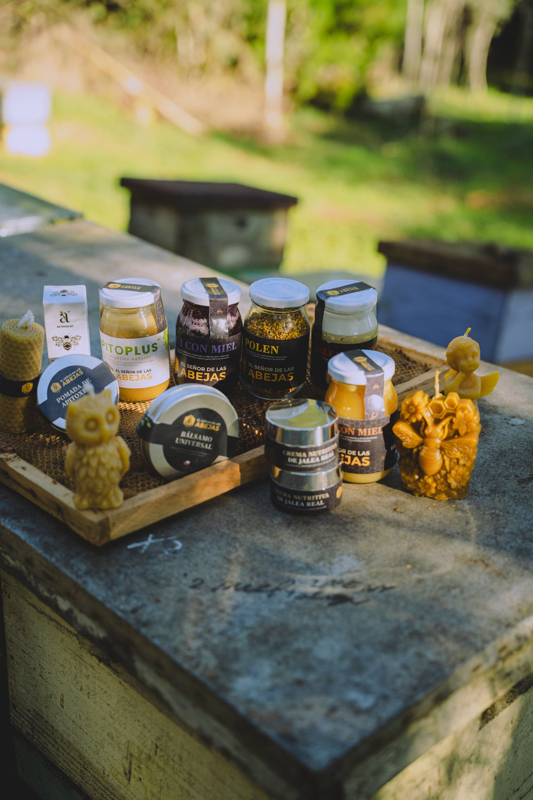 Línea completa de productos apícolas de El Señor de las Abejas sobre una colmena