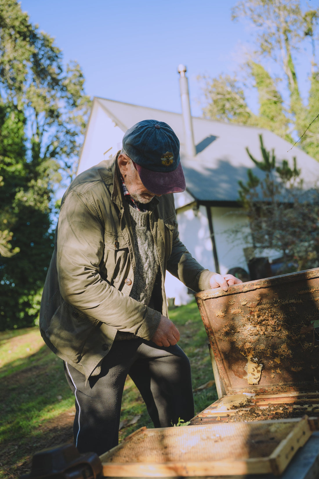 Hugo Moraga abriendo una colmena en el apiario de El Señor de las Abejas, Puerto Varas