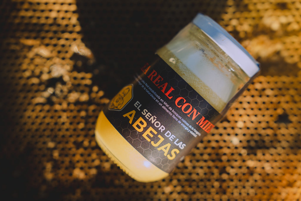 Frasco de Jalea Real con Miel de El Señor de las Abejas sobre un marco de panal
