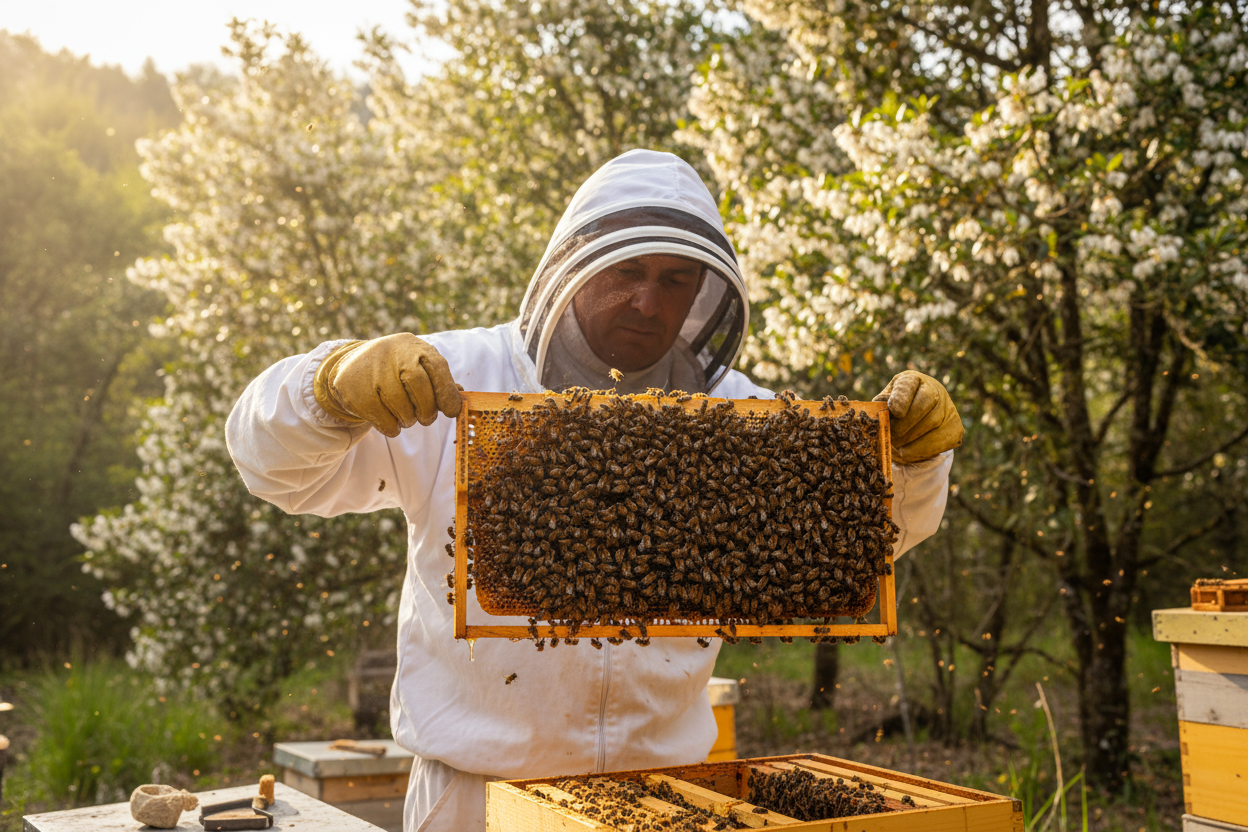 Generame una imagen de un apicultor sacando un marco con miel y abejas, con fondo de bosque de ulmos floridos, que no sea vea el rostro del apicultor