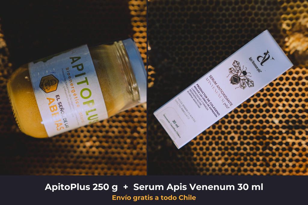 Kit Energía y Piel de El Señor de las Abejas: frasco de ApitoPlus 250 g junto a la caja del Serum Antioxidante Apis Venenum de 30 ml, ambos sobre un marco de panal. Envío gratis a todo Chile.